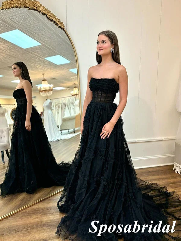 Sexy Black Tulle Sweetheart Sleeveless A-Line Long Prom Dresses , PD3814