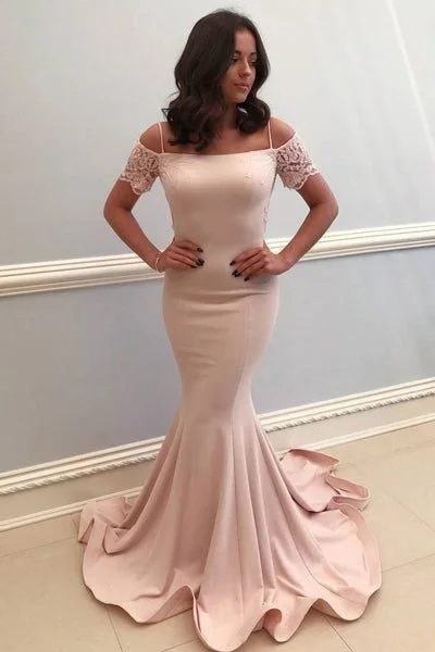 Elegant Cold Shoulder Mermaid Satin Formal Prom Dress with Train