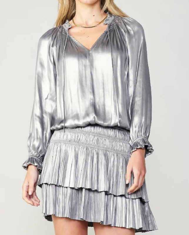 Pleated Long Sleeve Mini Dress In Silver