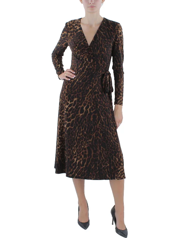 Womens Side Tie Animal Print Midi Dress