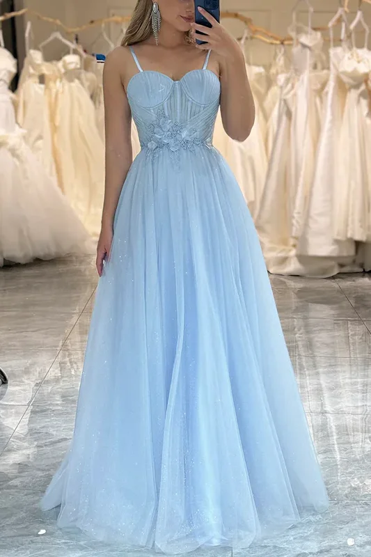 A-Line Spaghetti Straps Appliques Sweetheart Tulle Prom Dress