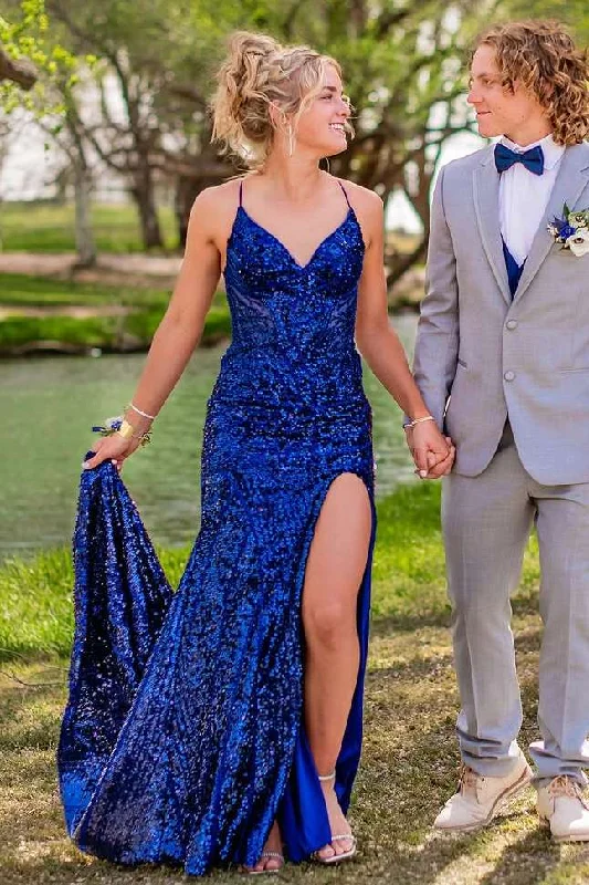 Royal Blue Spaghetti Straps V-Neck Sequined Mermaid Prom Dress with Slit