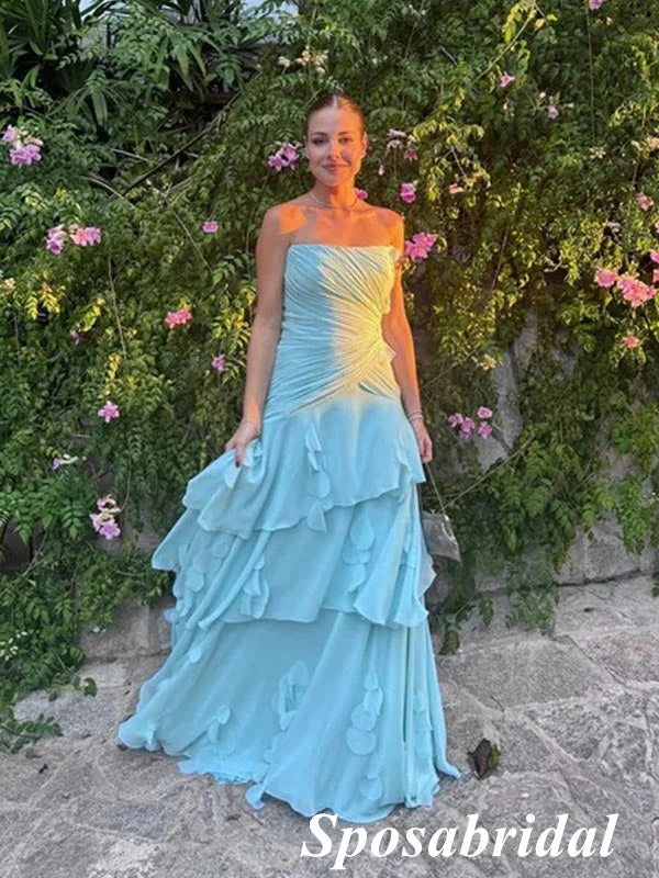 Sexy Blue Chiffon Sweetheart A-Line Maxi Prom Dress With Ruffle, PD4000