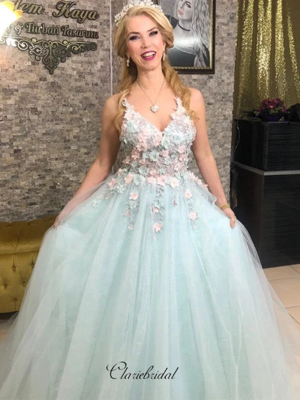 Modest Appliques Prom Dresses 2020, Straps Tulle Prom Dresses Long