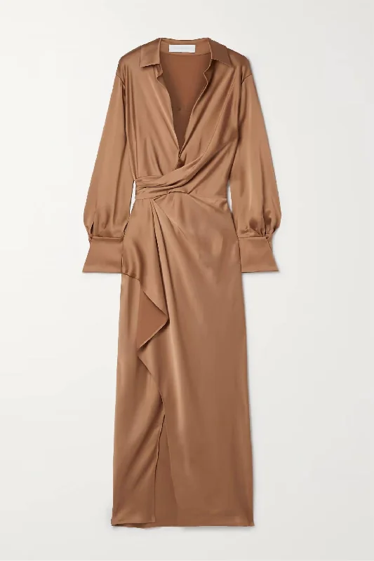 Talita Woven Drape Front Midi Dress In Latte