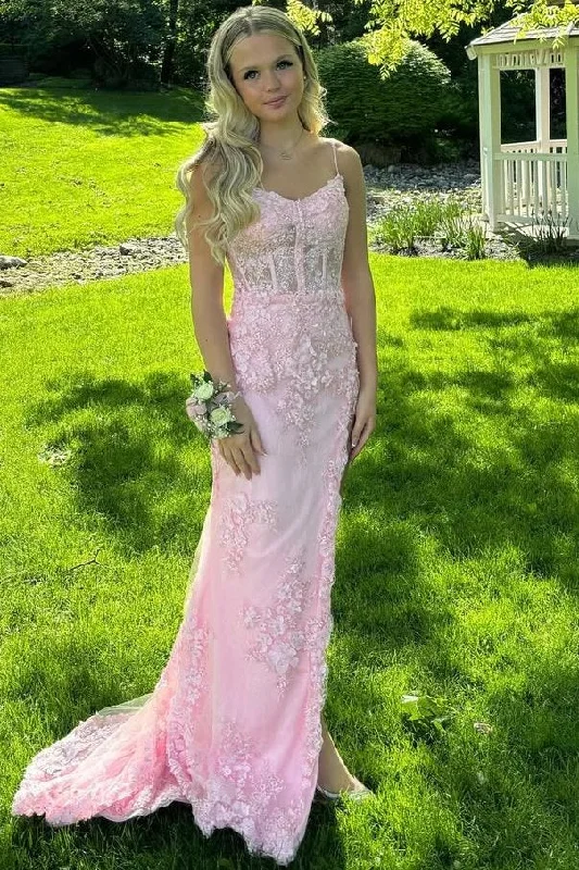 Pink Spaghetti Straps Appliques Mermaid Formal Prom Dress with Train