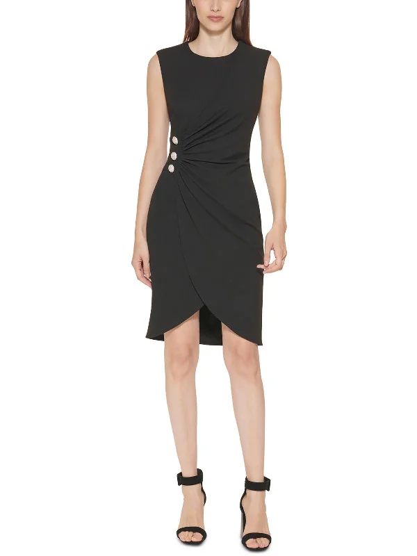 Petites Womens Scuba Faux-Wrap Mini Sheath Dress