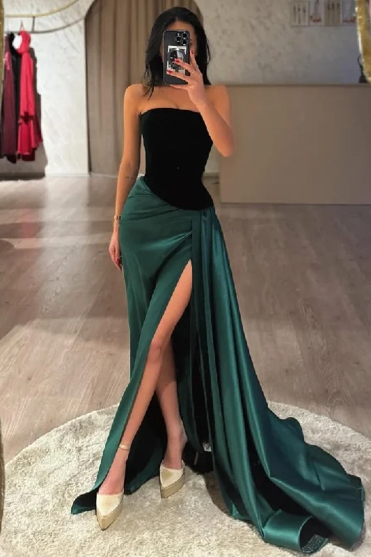 Strapless A-Line Scoop Neck Pleated High Slit Formal Prom Dress