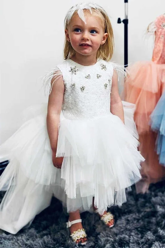 Multi-Tiered White feather Sleeveless Girl Party Dress