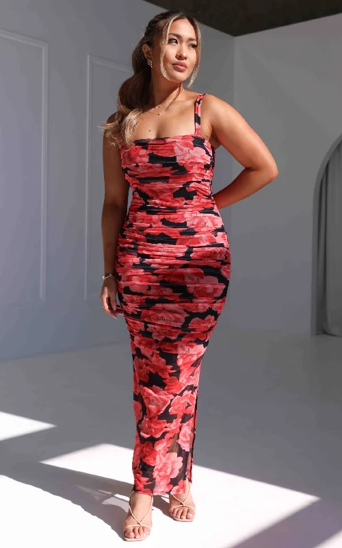 Love You Anyways Mesh Maxi Dress - Black Red Floral