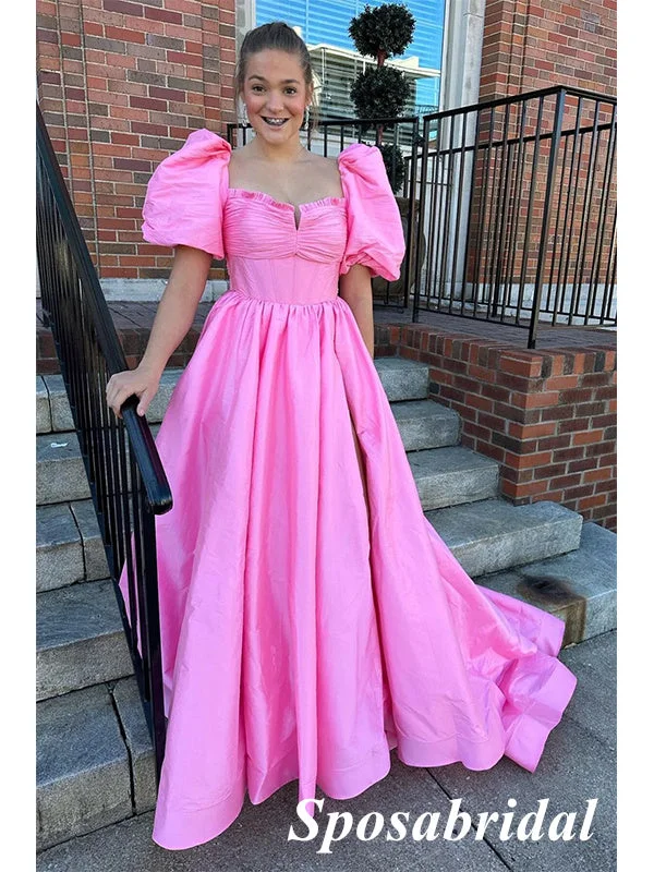 Sweet Pink Satin Half Sleeves A-Line Long Prom Dresses With Bow Tie, PD3889