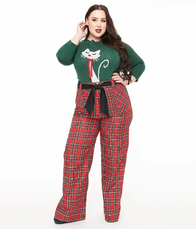 Unique Vintage Plus Size 1950s Red Plaid Wide Leg Trousers