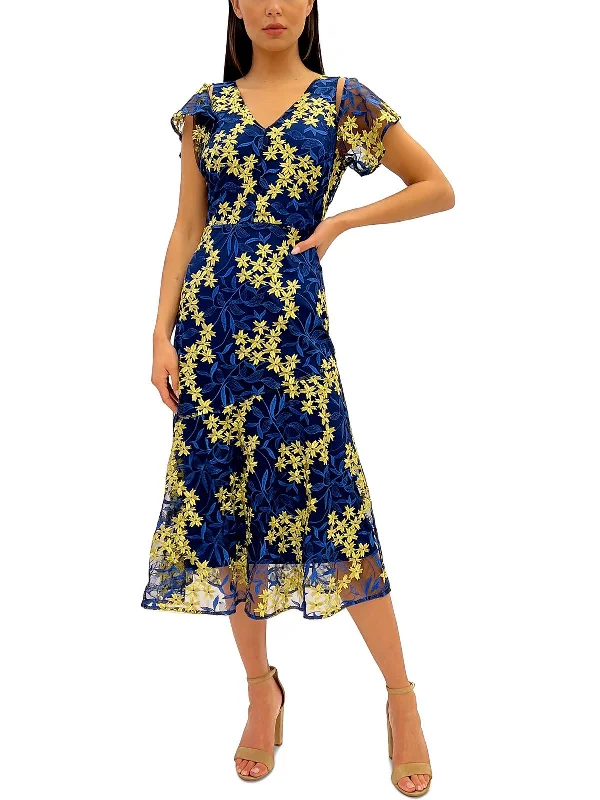 Womens Embroidered Calf Midi Dress