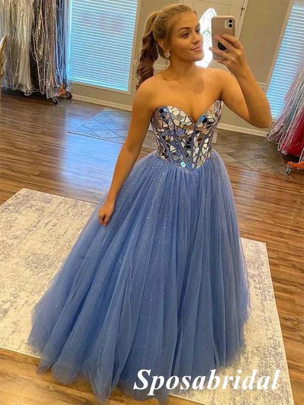 Sexy Dusty Blue Tulle Sweetheart V-Neck Sleeveless A-Line Long Prom Dresses With Beading, PD3817