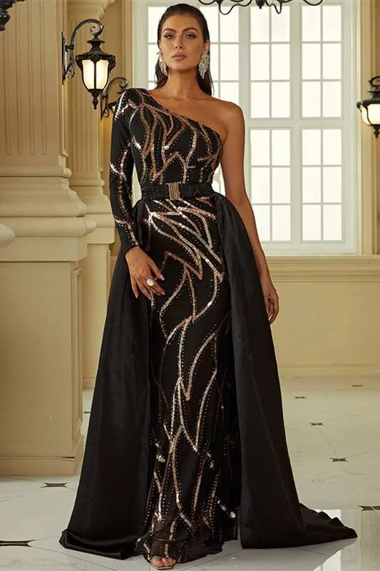 Black One-Sleeve Long Formal Dress with Attached Train