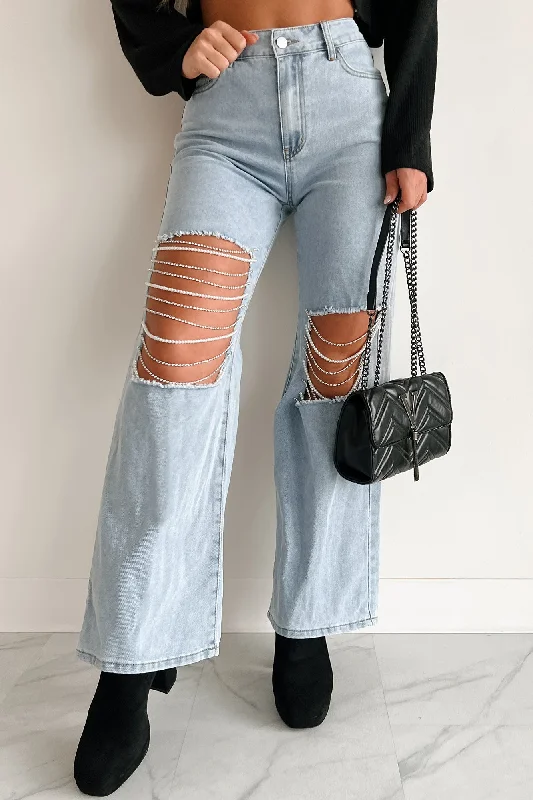 Something To Talk About Rhinestone/Pearl Chain Wide Leg Jeans (Light Wash)