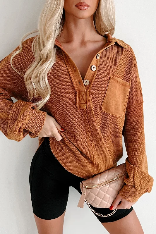 Forever Daydreaming Mineral Wash Collared Henley Top (Rust)