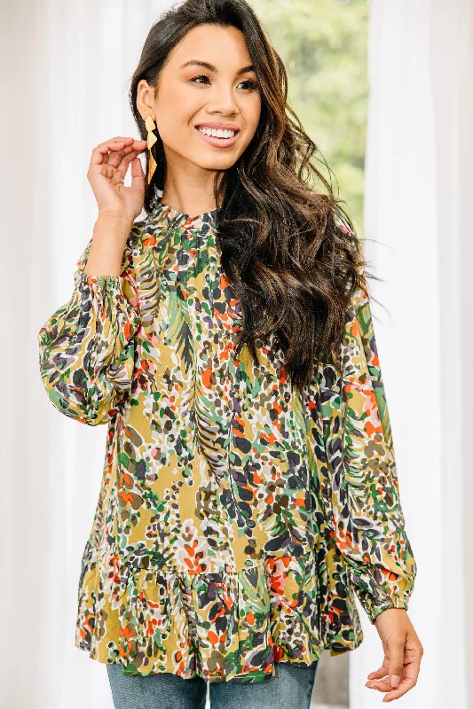 Just You Wait Light Moss Green Floral Ruffled Blouse