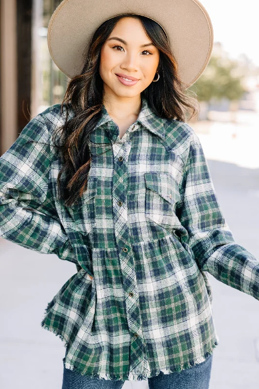 On Your Own Hunter Green Plaid Top