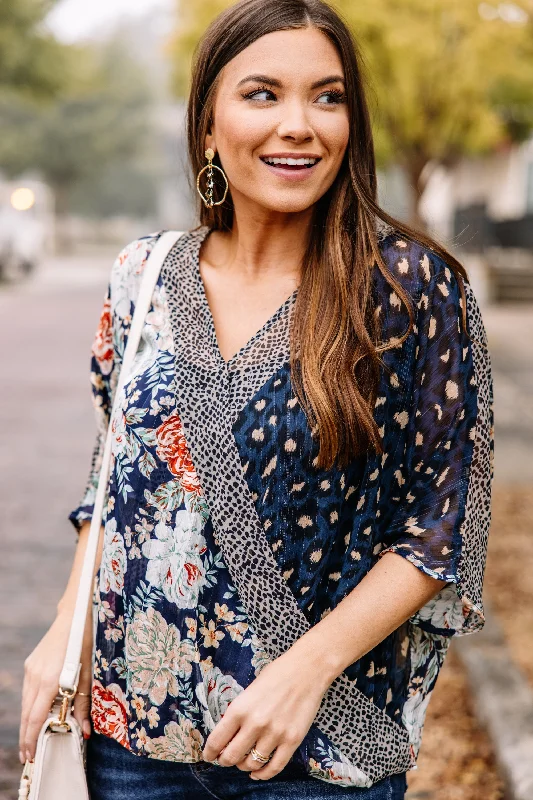 Tell Me Everything Navy Blue Mixed Print Blouse